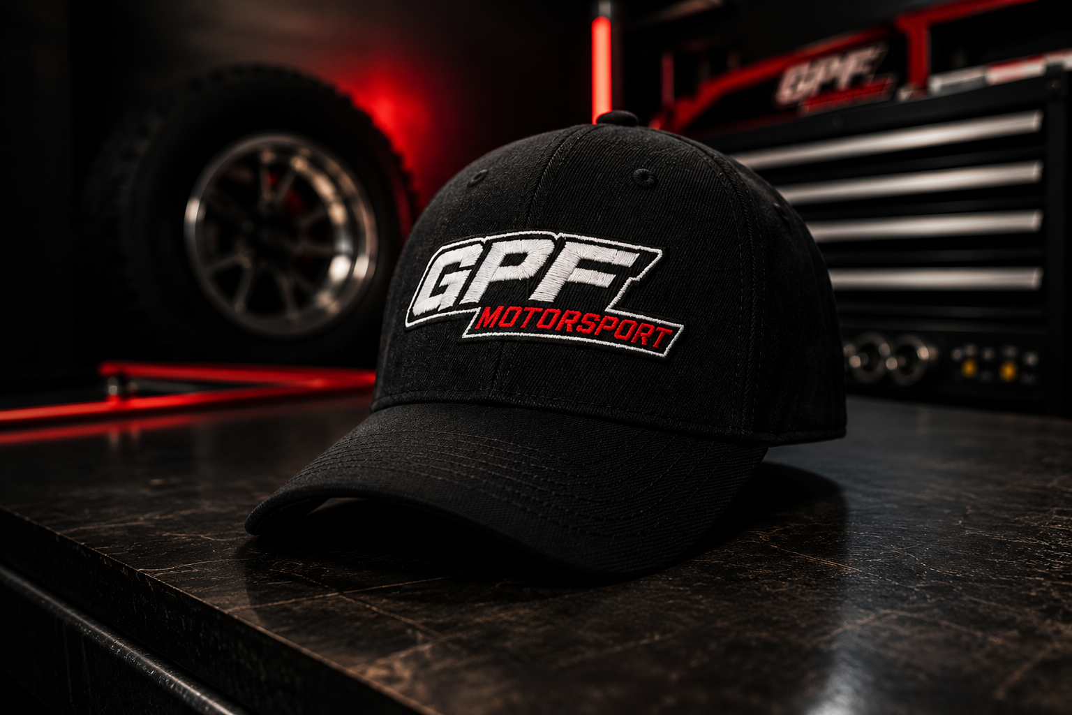 Casquette GPF-Motorsport posée de trois quarts dans un atelier, visière préformée
