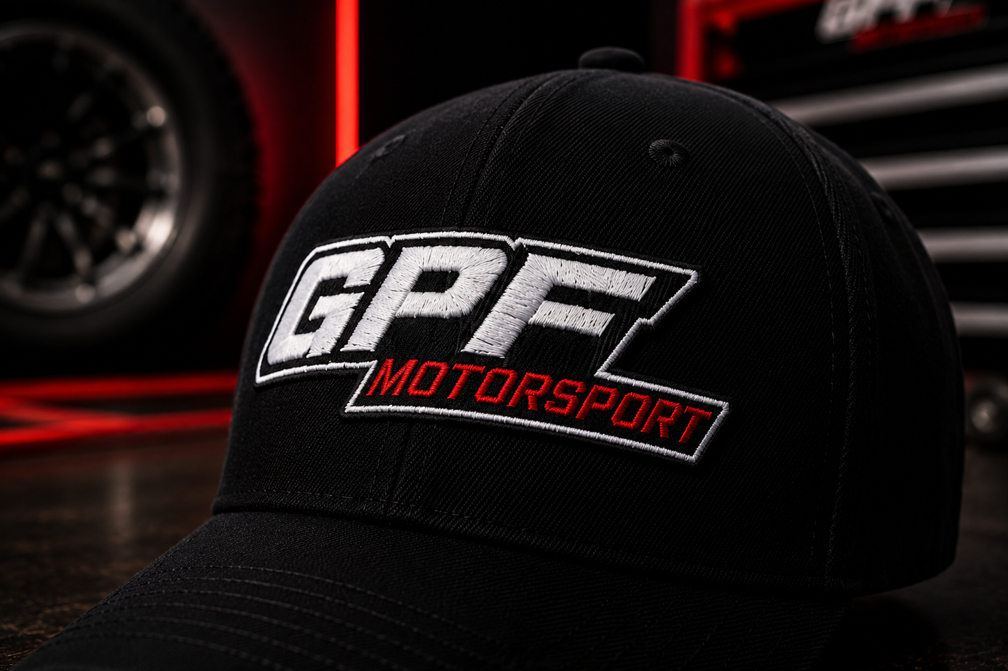 Casquette GPF-Motorsport de profil : détail de la broderie du logo sur le panneau avant
